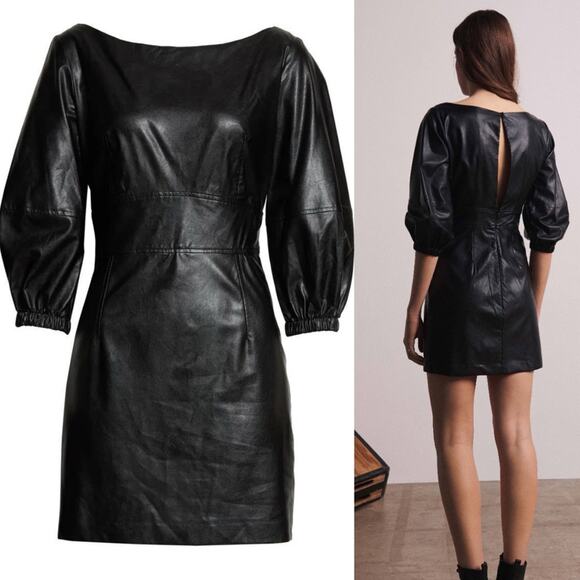 NEW Ba&sh Black Faux Leather Puff Sleeve Dress Medium - Picture 2 of 10